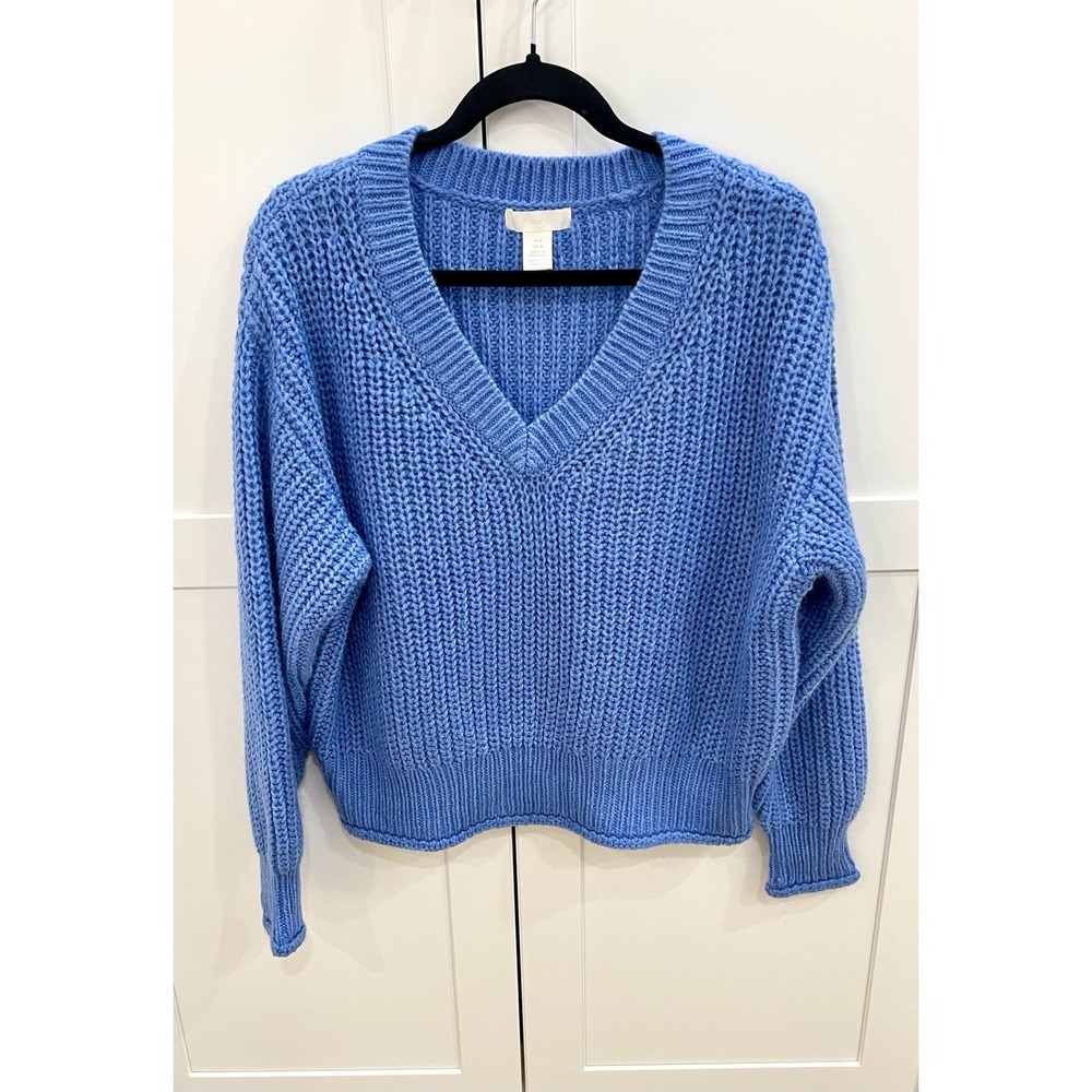 H&M Women's Chunky Knit V-Neck Sweater Periwinkle Blue Slouchy Size M Excellent!